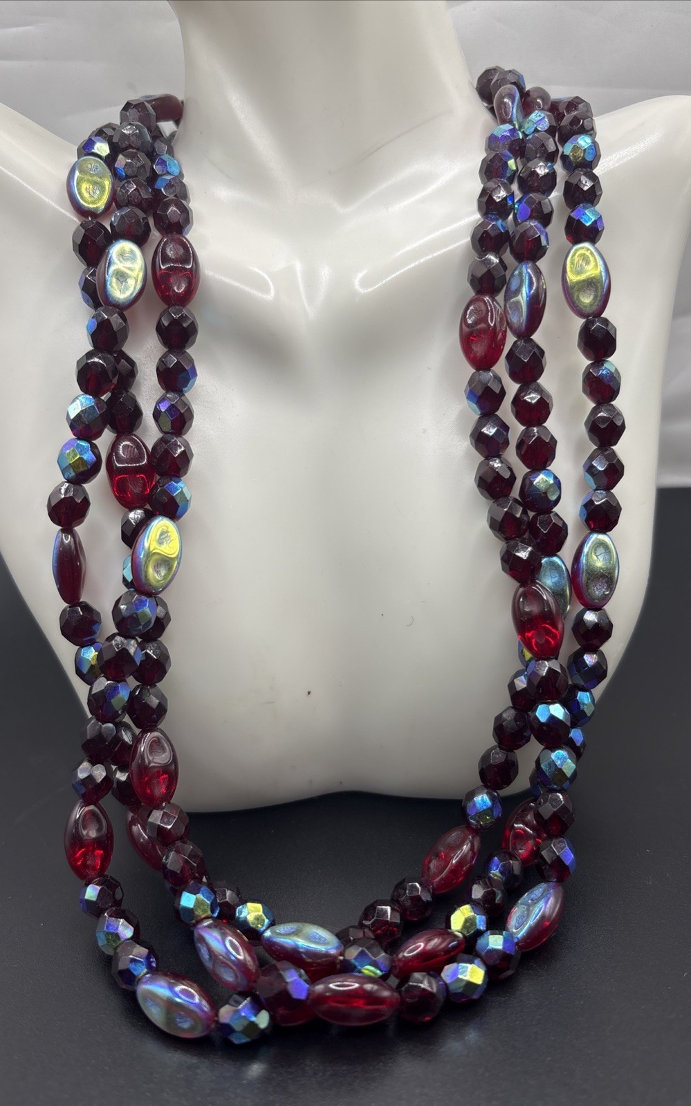 Vintage Red Glass Beaded Necklace multi strand Iridescent Statement Molded 20”