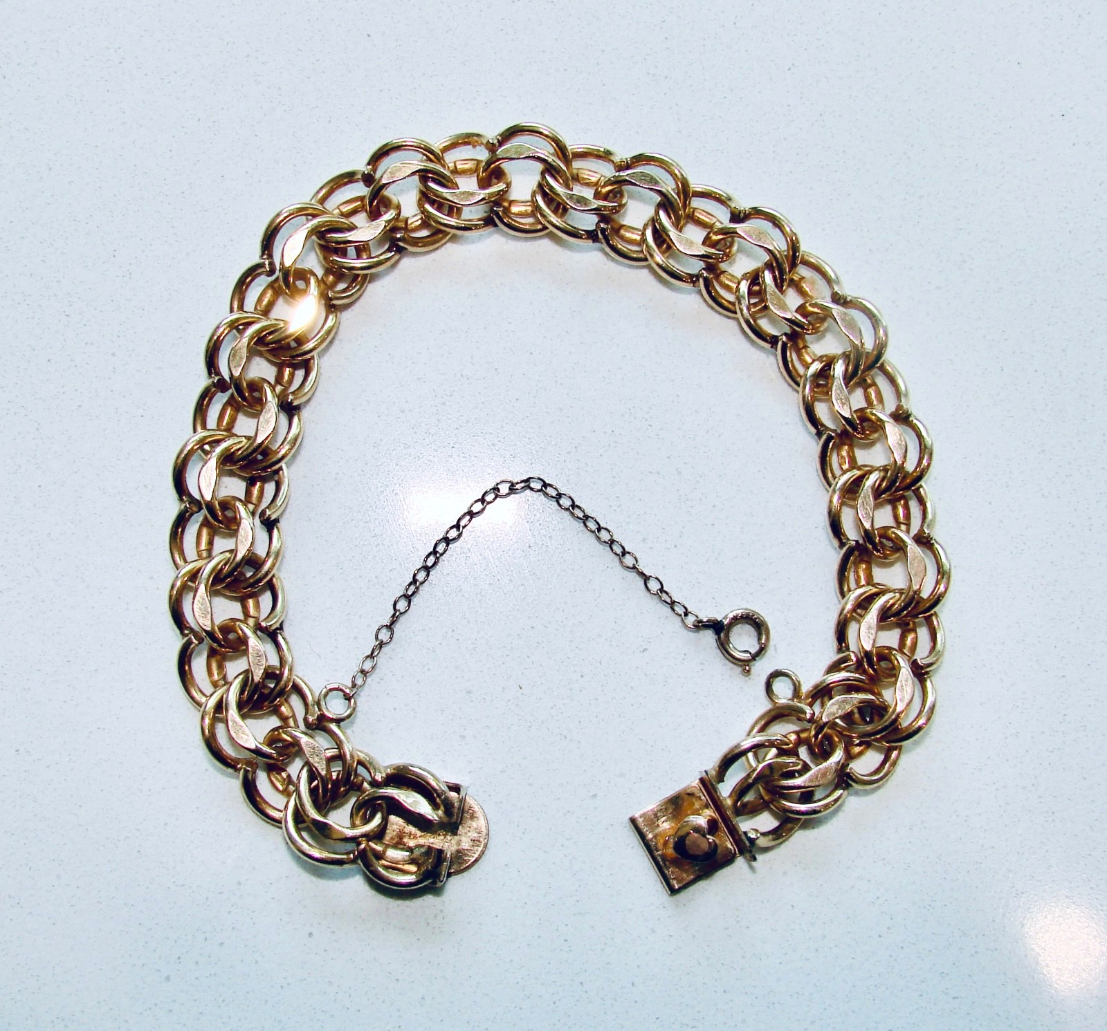 Vintage 12K Gold Filled Forstner Double Link Charm STARTER CHAIN Bracelet 7.25″
