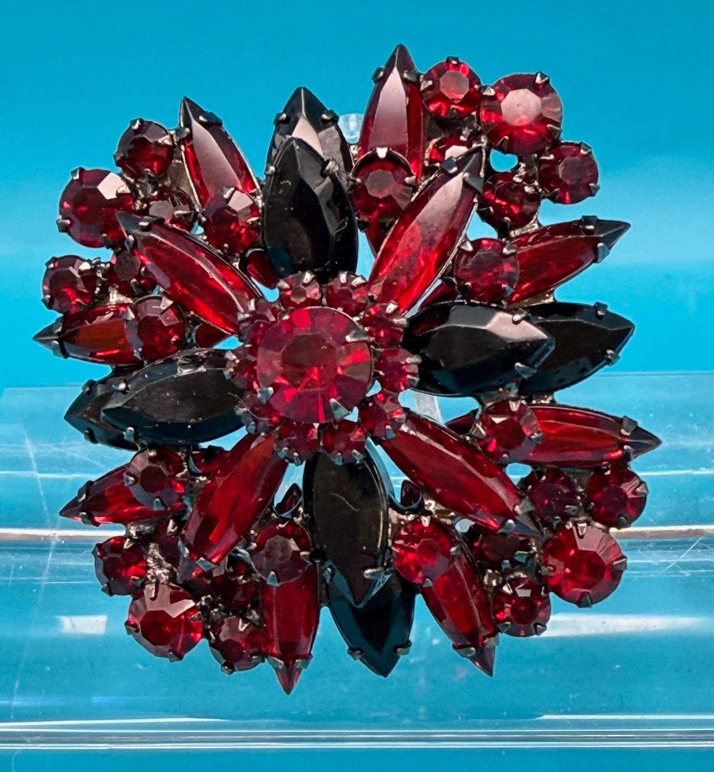 Juliana D&E Brooch/Pendant Vtg Ruby Red & Black Glass Rhinestones Verified 7125