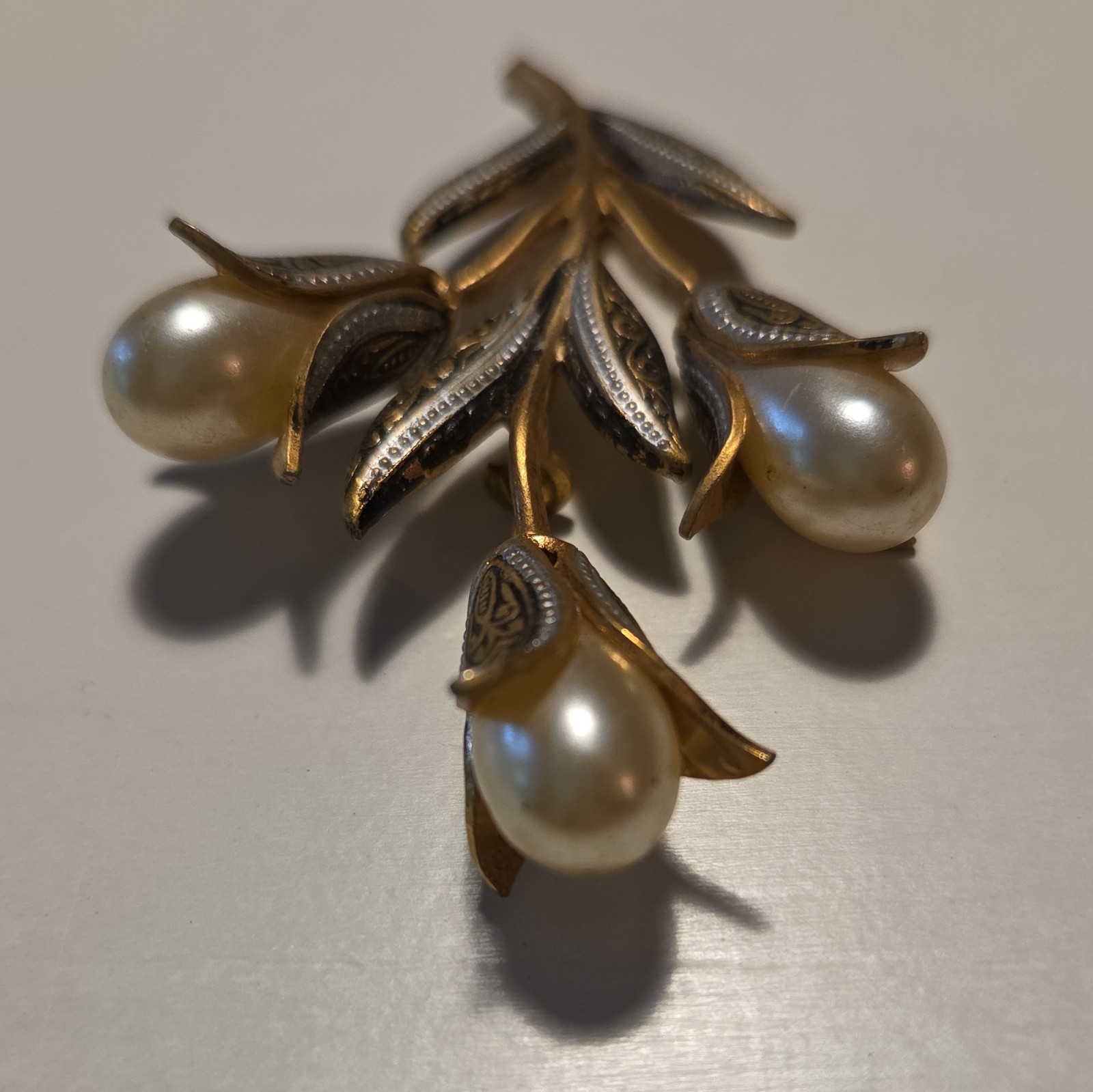 Vintage Gold & Silver Tone Flower Brooch Pin with White Imitation Pearl