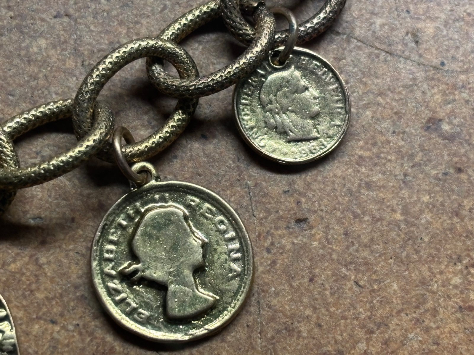 Vintage YOCHI NY Multi Chain Link GREEN ROMAN BRITISH SWISS GOLD COIN Bracelet