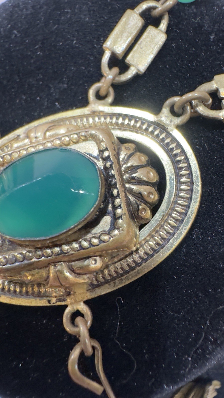 Antique Victorian Revival Green Chrysoprase Glass & Tassel Necklace Czech