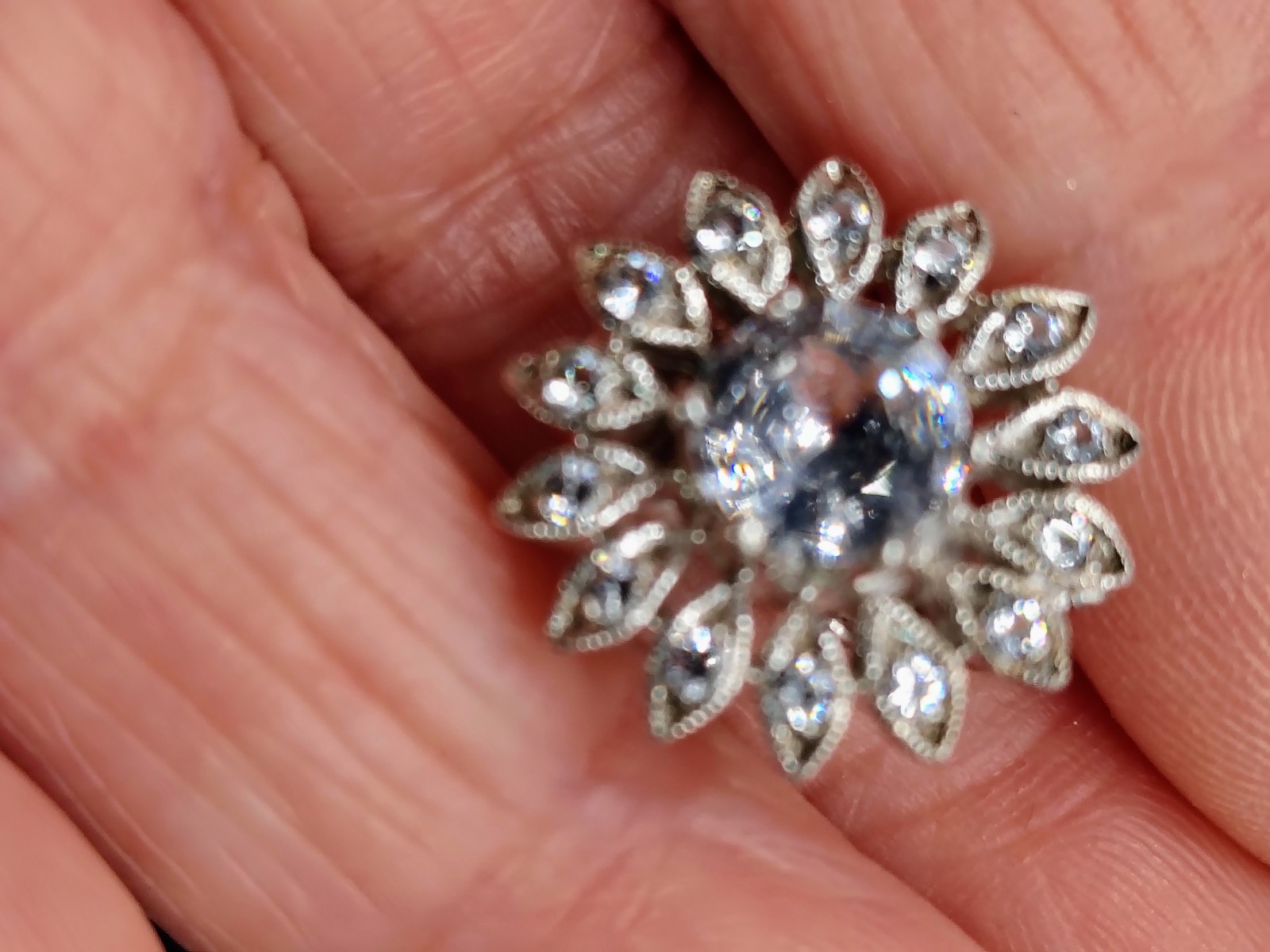 E527 Topaz/Crystal Starburst Clip On Earrings Marquise Halo Silver Tone Vintage