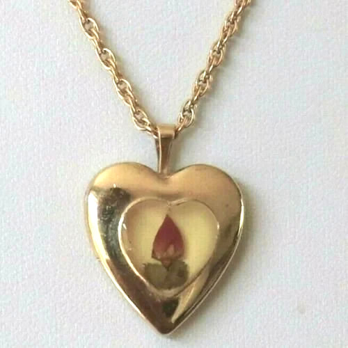 Vintage 14k Gold Filled Perpetual Real Rose bud Heart Locket Chain See Video