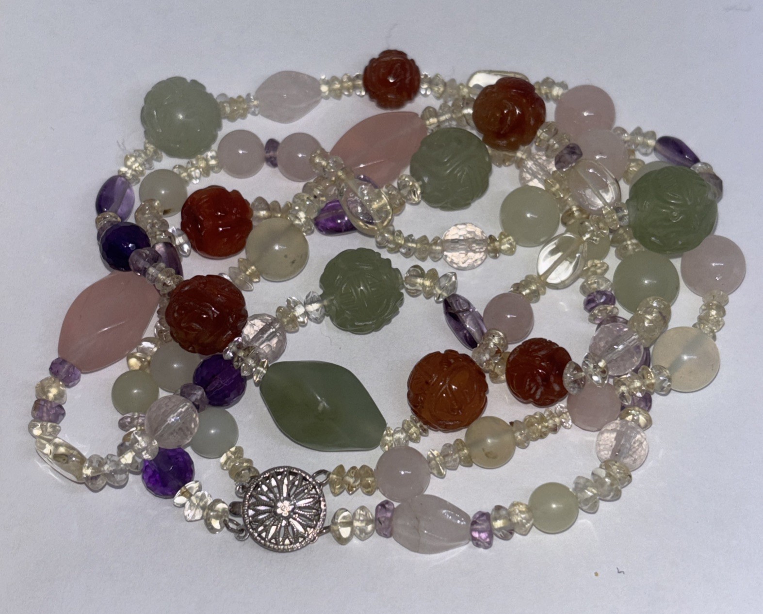 Multi-Gemstone 2-Strand Necklace Carved Jade Amethyst Sterling Silver STG 85g
