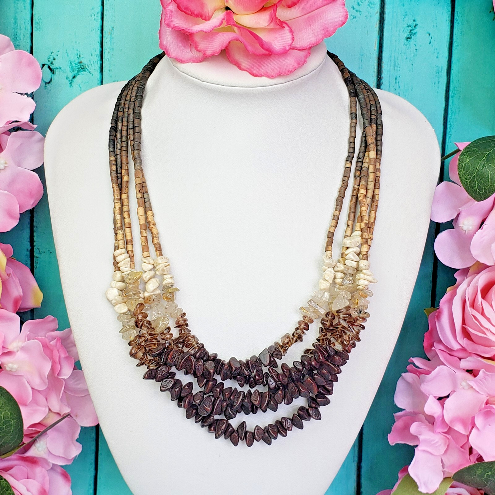 COLDWATER CREEK Quartz Stone & Wood Beaded Multi Strand Necklace Brown Boho