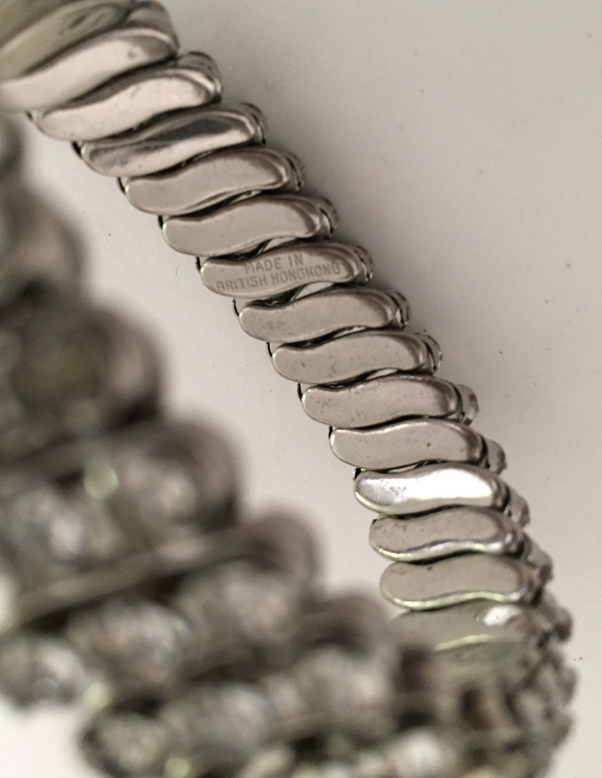 Vintage Stretch Band Style Bracelet Silver Tone W/3 Rows Rhinestones British HK
