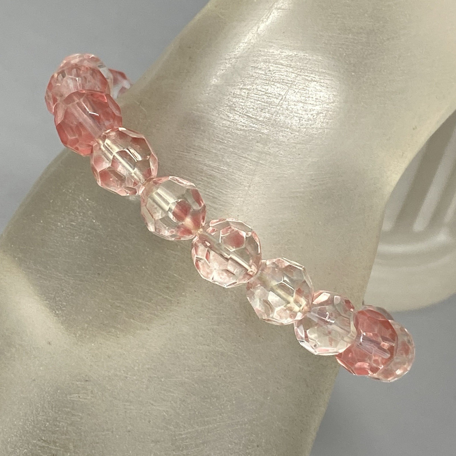Pink Glass Beaded Bracelet Fire Polished Faceted Stretch Elastic Iridescent 6″