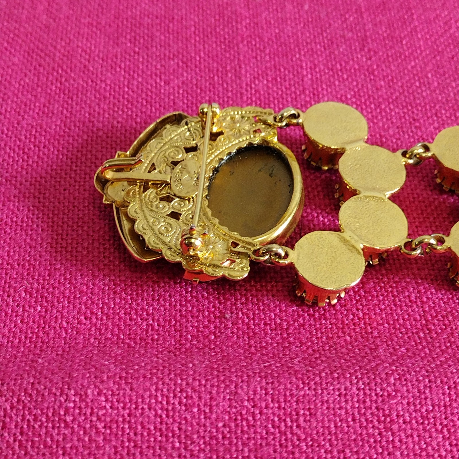 Robert Rose Gold Tone Amber Rhinestone Crown Chandelier Dangle Statement Brooch