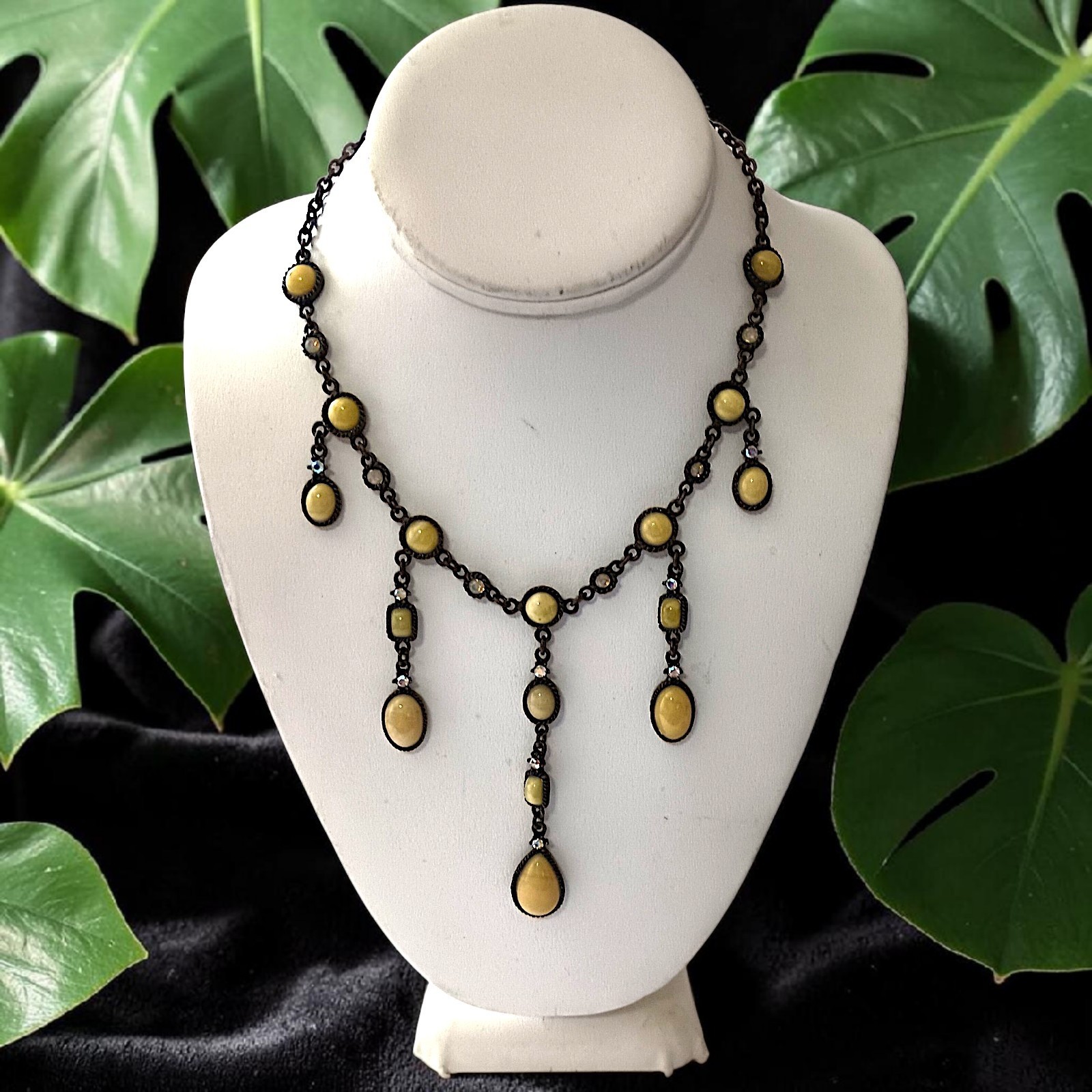 Vtg 90s Chandelier Bib Necklace Statement Egg Yolk Cabochon Art Nouveau Collar
