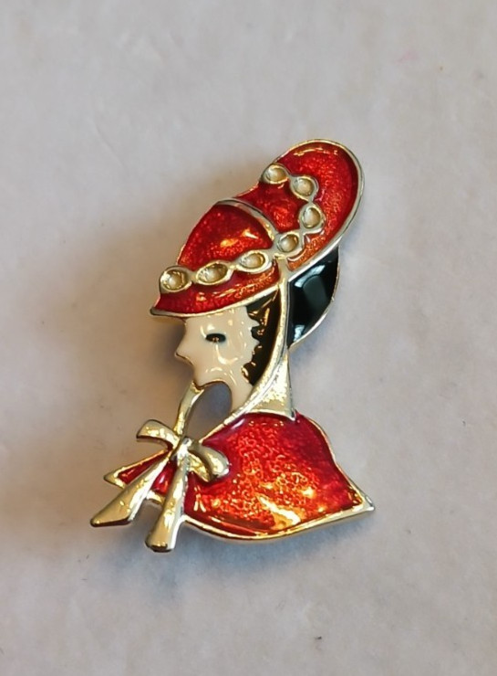 Vintage Gold Tone Brooch With Enamel Lady In Red Hat 2″ x 1″