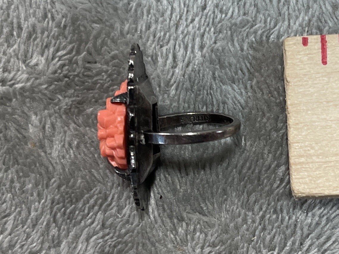 Antique Sterling Marcasite Coral Glass Floral Ring, Size 3.75