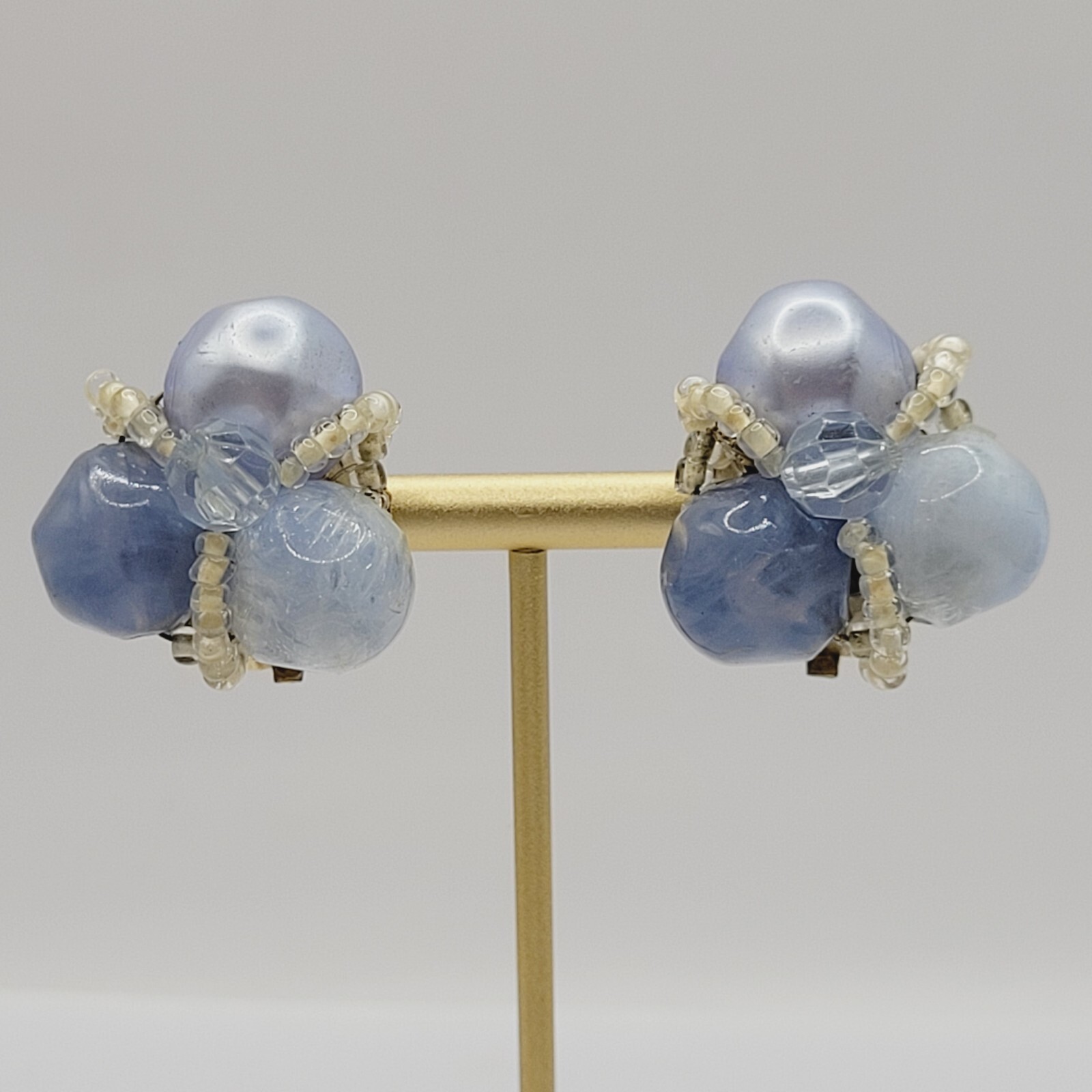 Blue Tones Lucite and Seed Bead Cluster Clip On Earrings 1950s 1960s W Germany