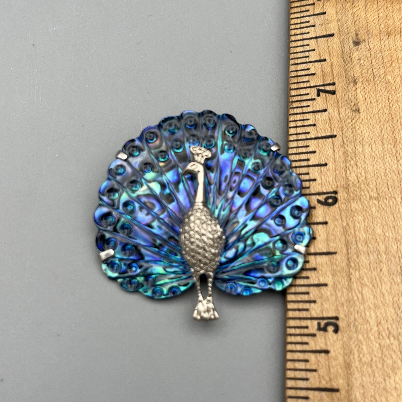 Vintage Peacock Brooch Pin Paua Abalone Shell, Silver Tone 1.75″ NEW ZEALAND