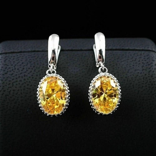 Oval Cut Citrine & Lab Created Diamond Wedding 14Ct White Gold Finish Earrings