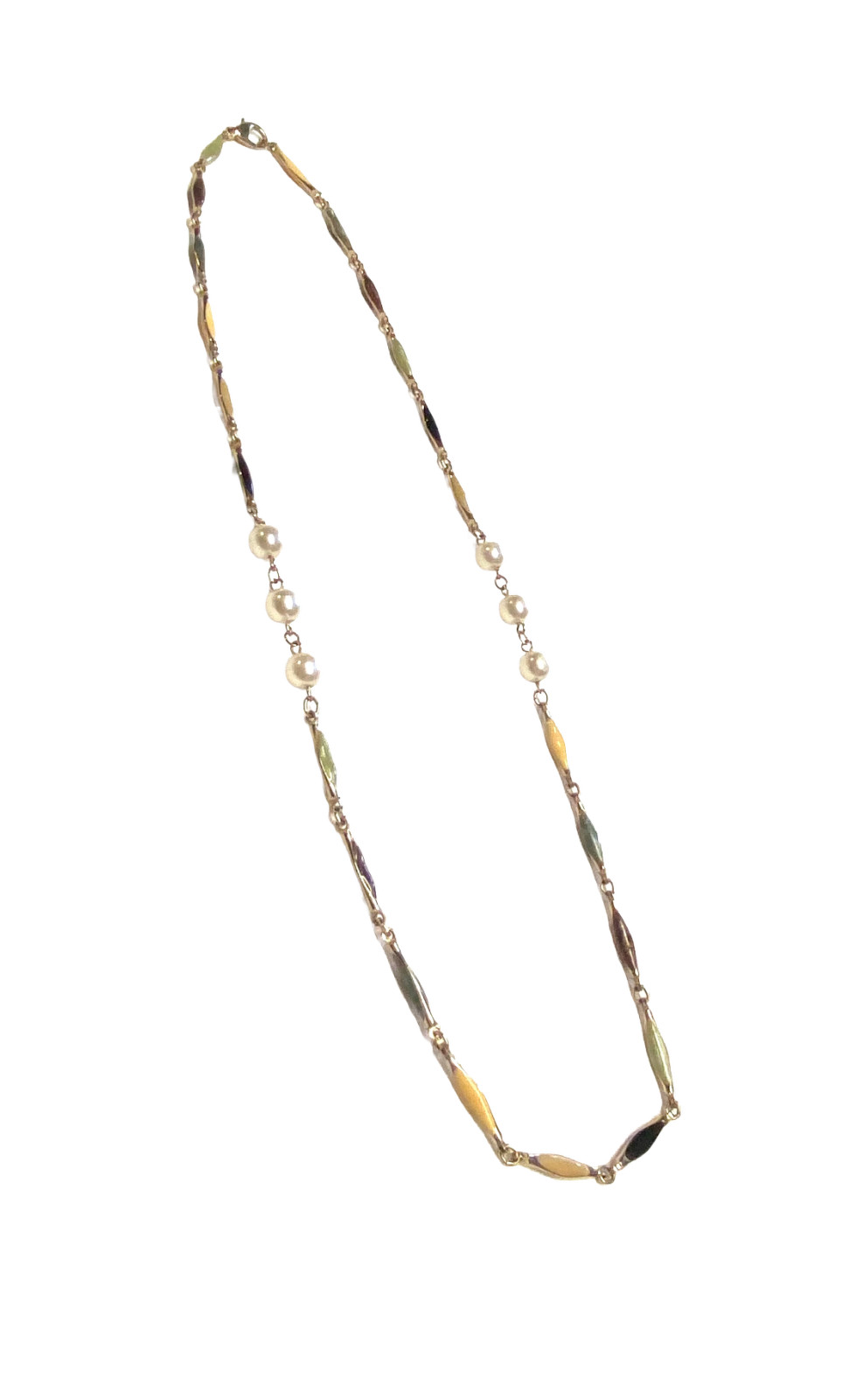 Vintage Gold Tone Multicolor Enamel Bar Link Elliptical Faux Pearl Necklace 25″