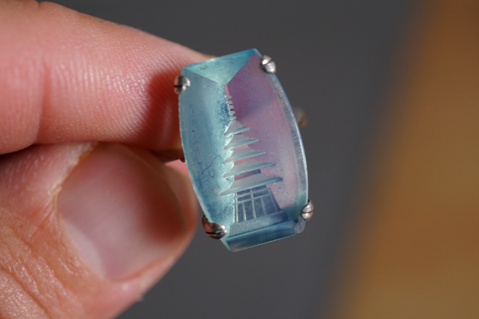 Vintage Blue Reverse-Carved Asian Temple Buildings Sterling Ring