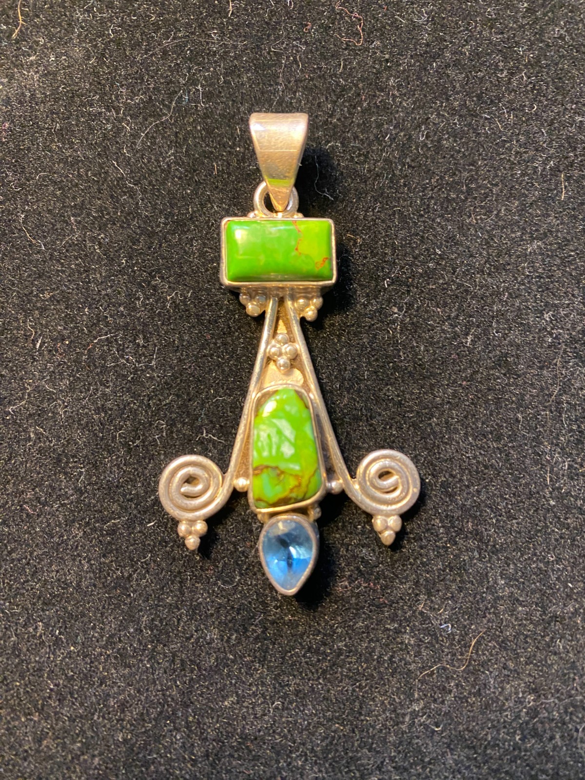 VTG Sterling Silver 925 Pilot Mountain Turquoise Pearl Blue Topaz Pendant 2.25″