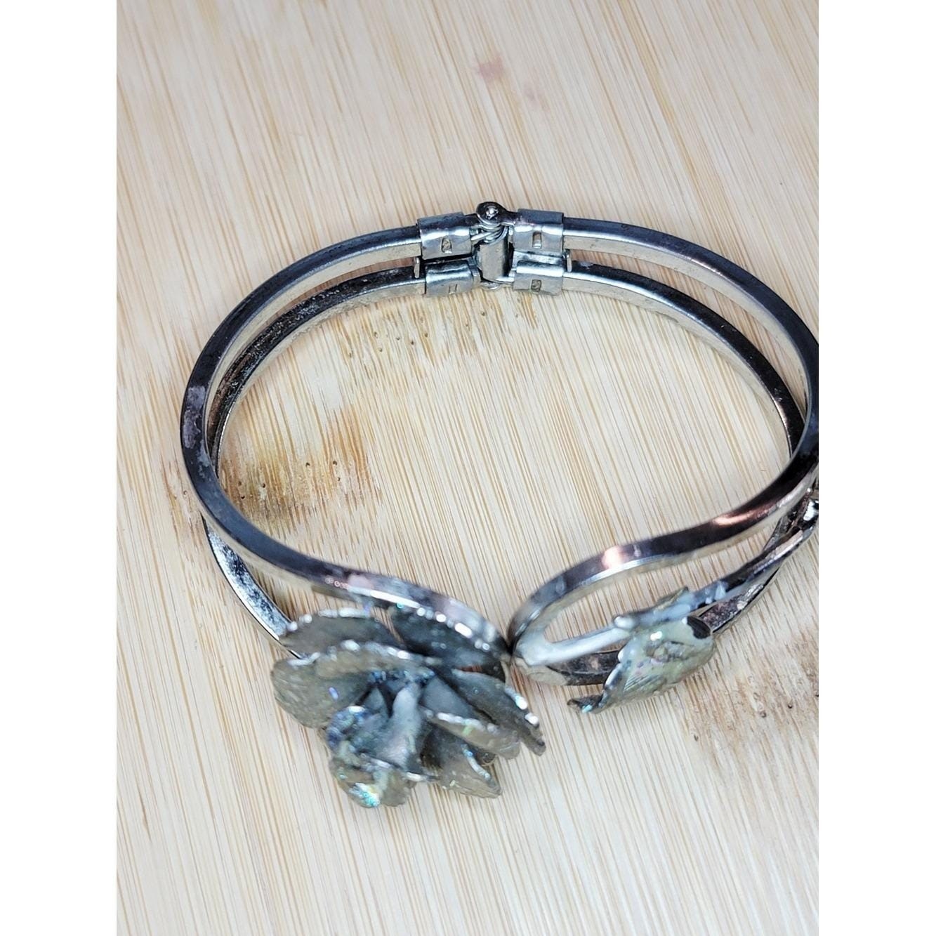 Vintage Silver Tone Rose Clamper Bracelet Hinged Flower Bangle Floral Statement