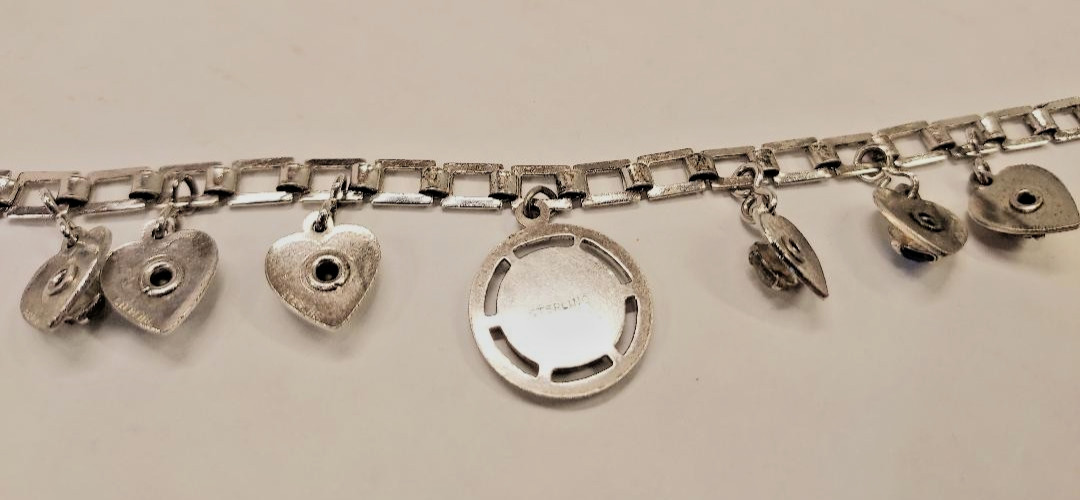 Vtg Sterling Silver Shamrock Bracelet w/Gem Heart Charms Double Flower Box Lock