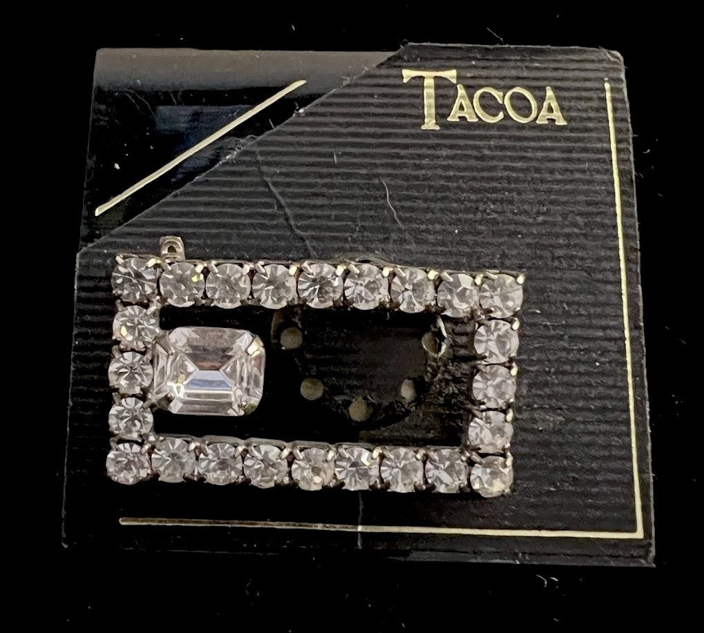 Vintage TACOA Silvertone Rhinestone Rectangular Brooch With Large Middle Stone