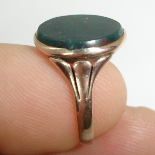 Antique Art Deco 9K Gold Bloodstone RING geometric signet band w red 3.3g sz 6.5