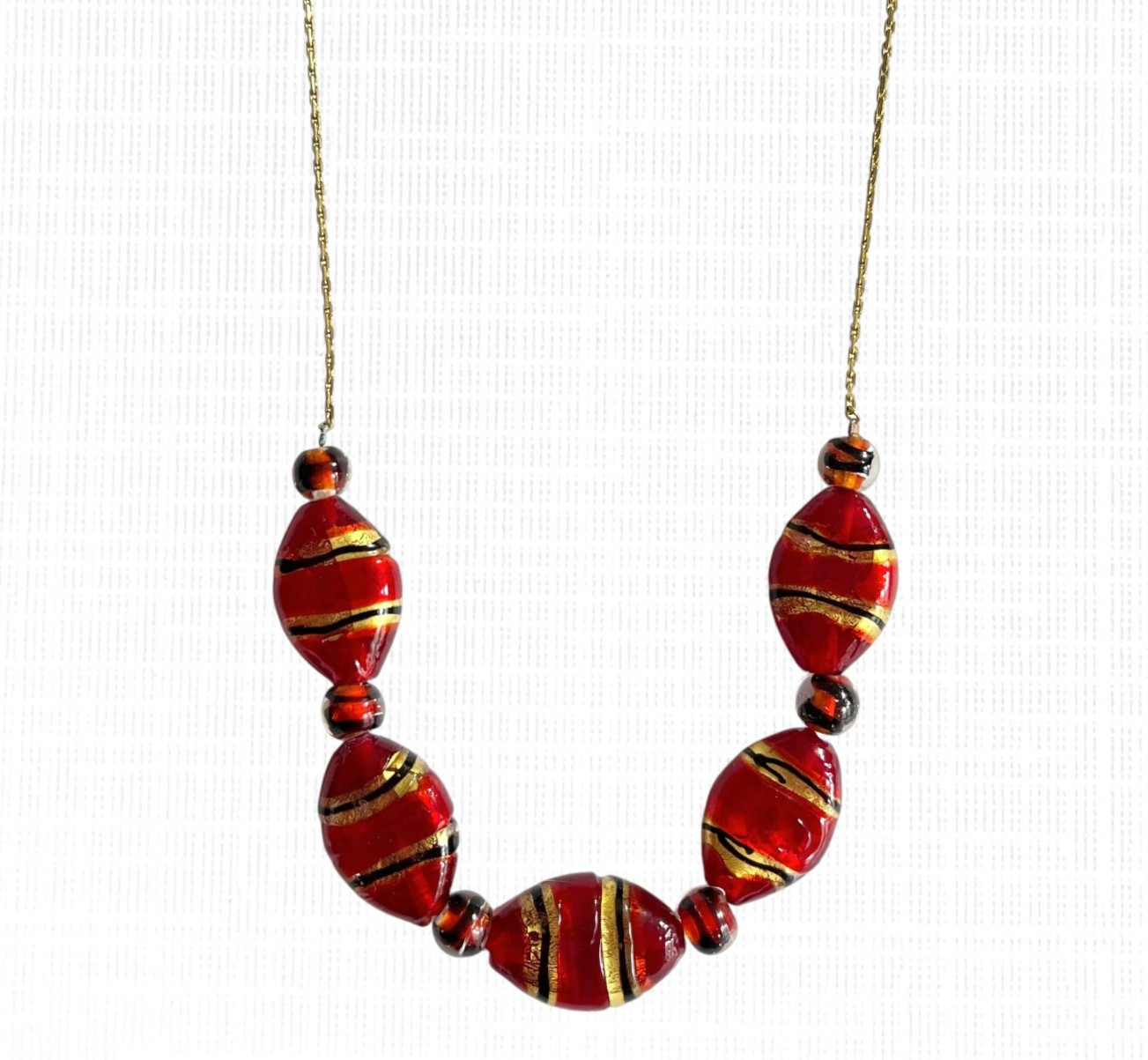 Vintage Art Glass Beaded Necklace Red Oval Gold Tone Foil Striped Handmade