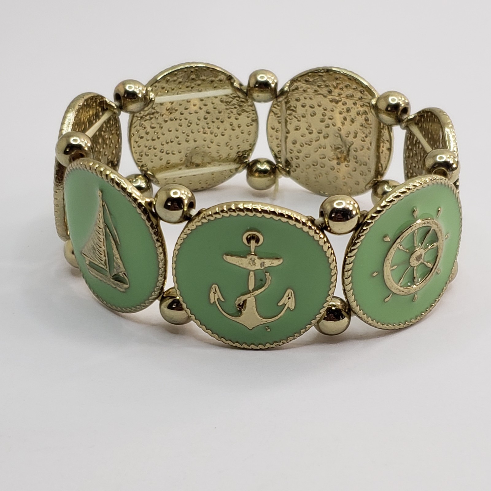 Vintage-style nautical themed Stretch Bracelet mint green enamel finish Goldtone