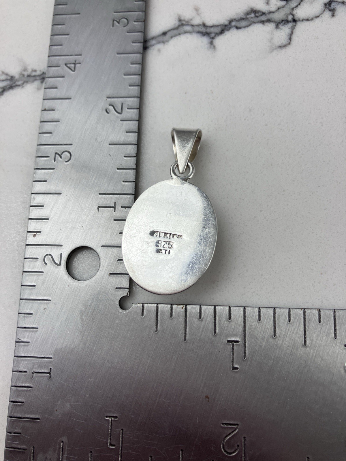 Vintage 925 Sterling Silver ATI Mexico Gray Cats Eye Glass Modernist Pendant