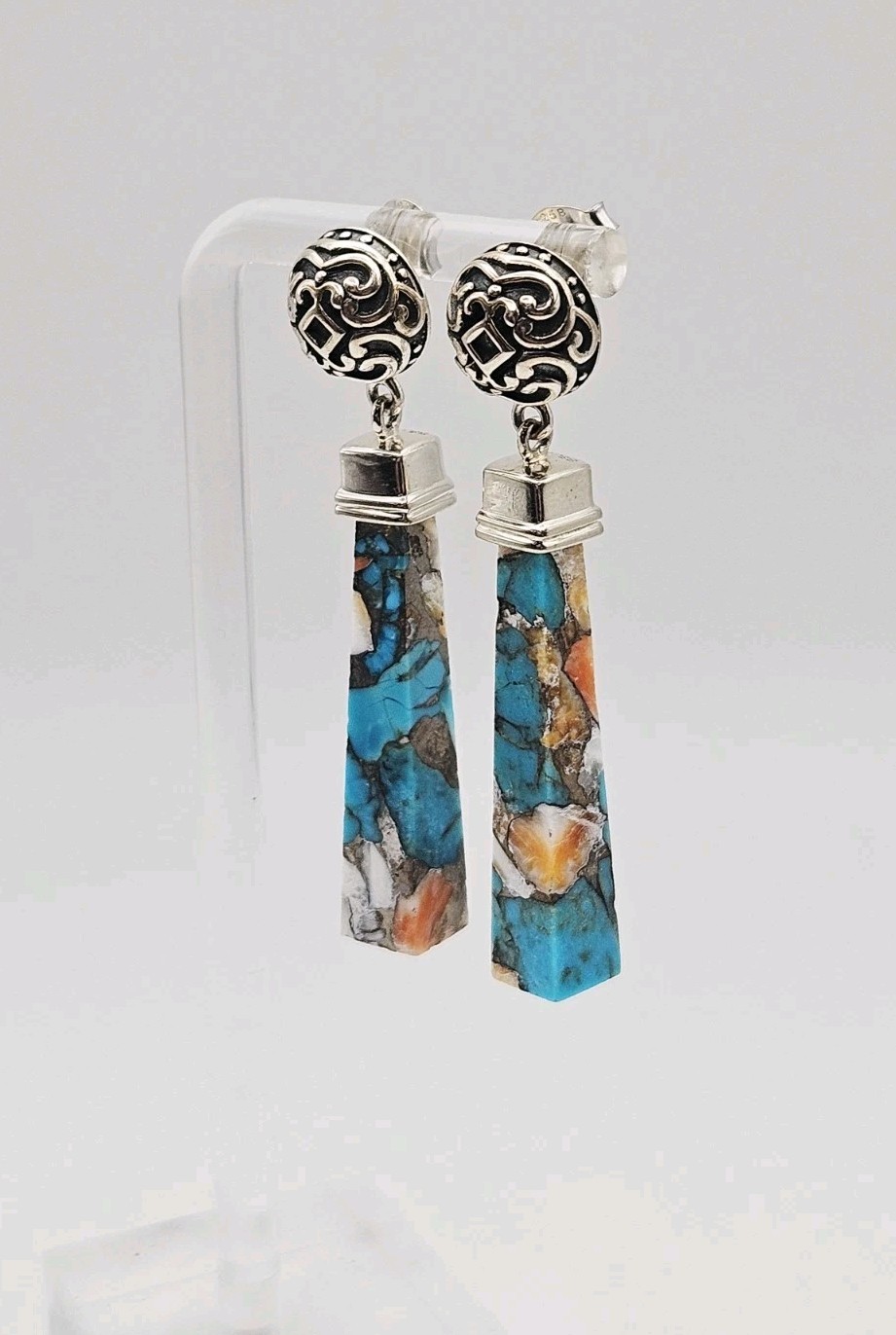 BBJ Sterling Silver Turquoise & Spiney Oyster Shell Dangle Earrings 2.20″