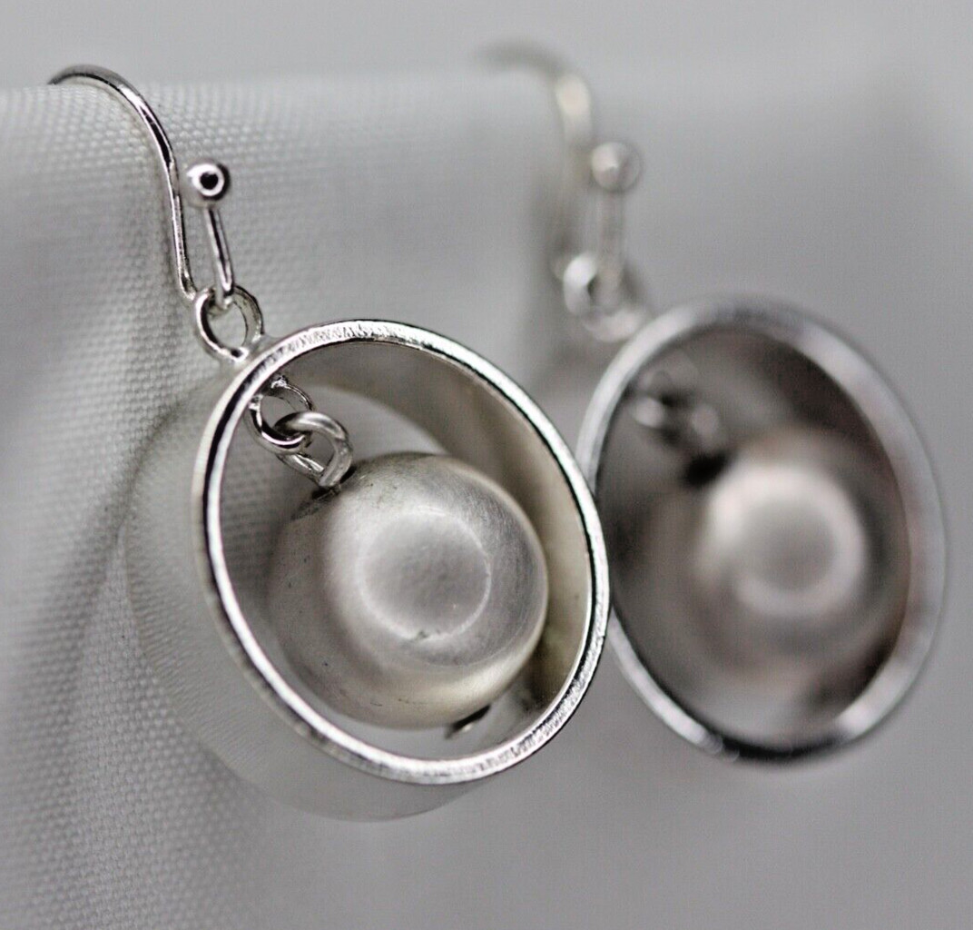 Silver Tone Floating Faux Pearl Bead Dangle Drop Hoop Earrings