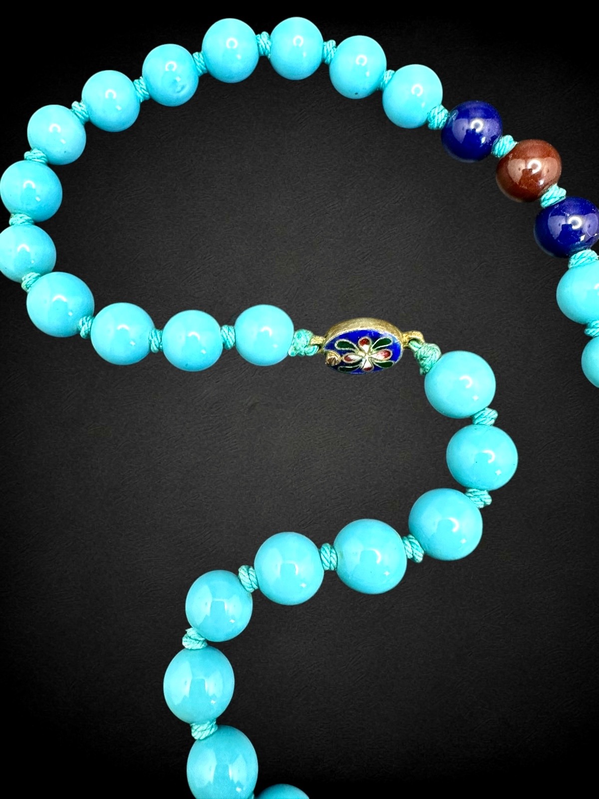 Vintage Turquoise Blue & Porcelainized Glass Bead Necklace w/ Cloisonné Clasp