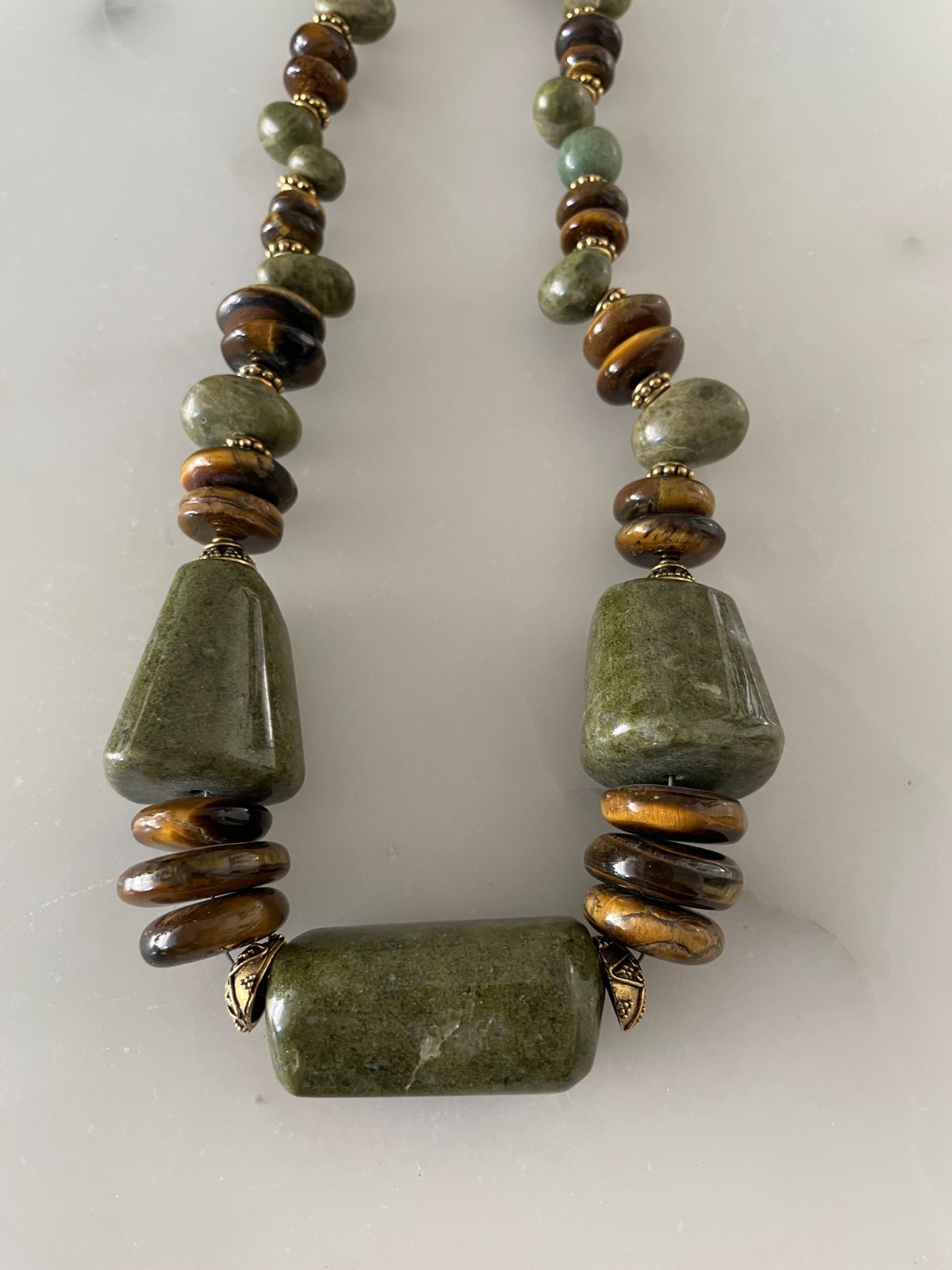 Vintage Nephrite Jade Necklace Nylon String Tigers Eye Filigree Brass Spacers