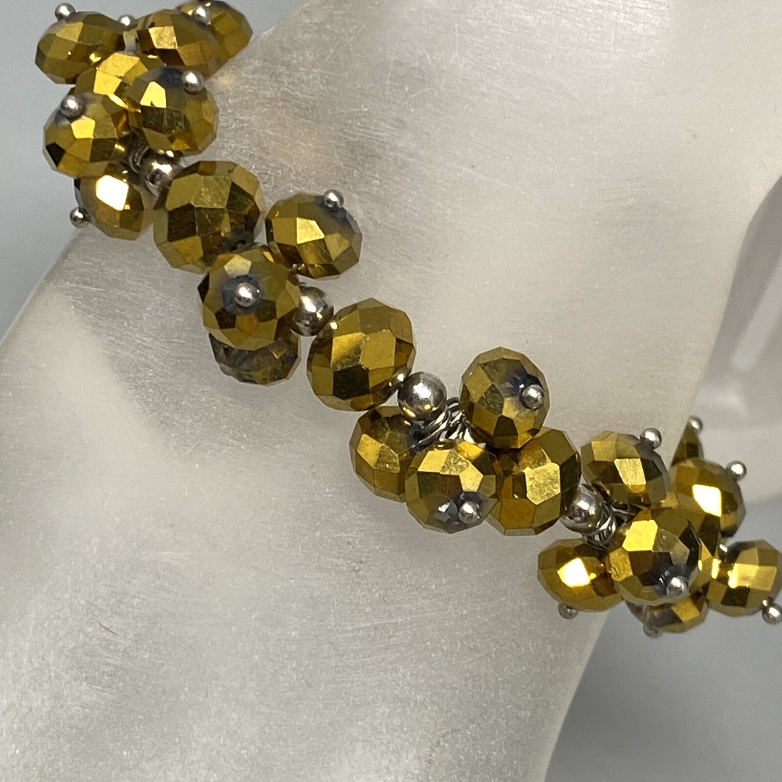 Stretch Bead Bracelet Gold Faceted Glass Cluster Fire Polished Iridescent 6.75″