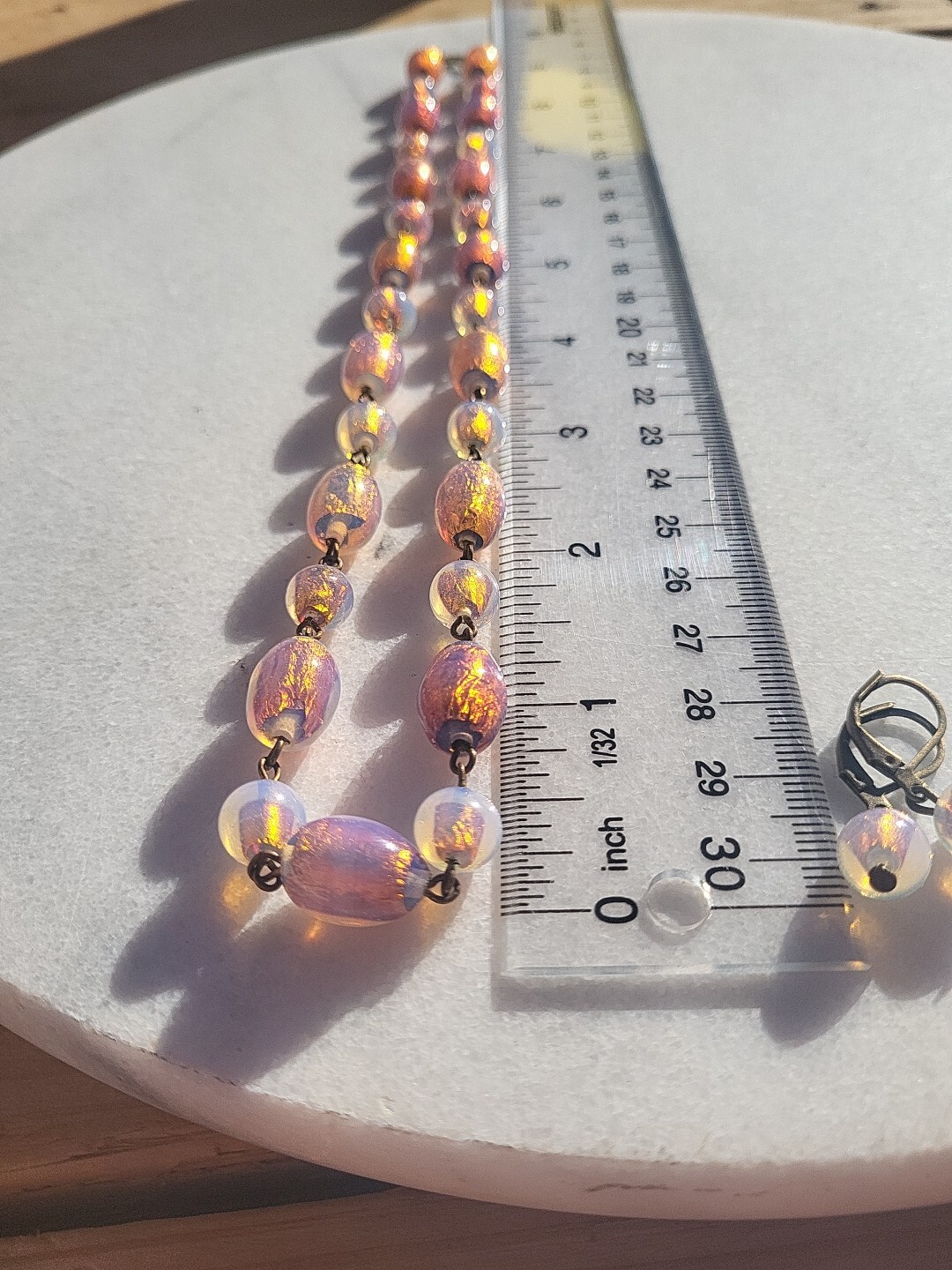 RARE ANTIQUE FIREY OPAL GOLD FOIL MILKY LILAC PINK GLASS BEAD WIRE NECKLACE SET
