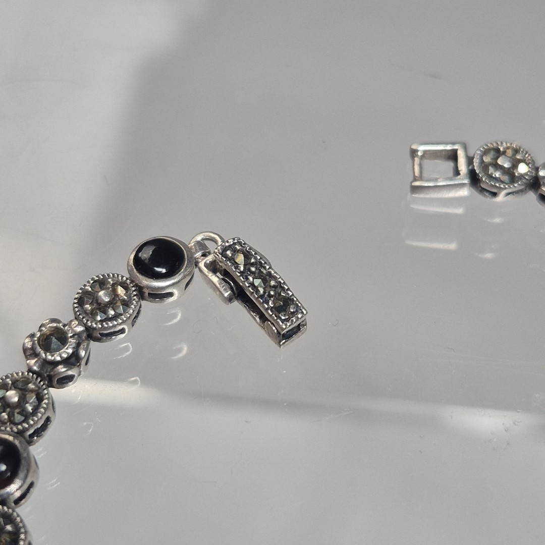 DBJ Vtg Sterling Silver 925 Marcasite Black Enamel Link Tennis Bracelet 7.5″