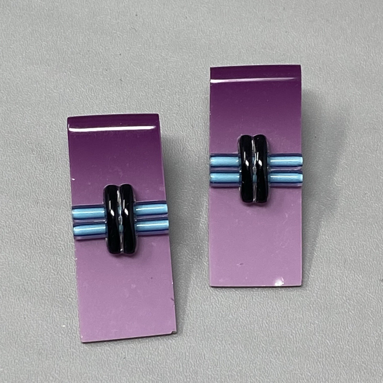 Purple Glass Earrings Pierced Blue Black Fused Lampwork Dangle Drop Rectangle