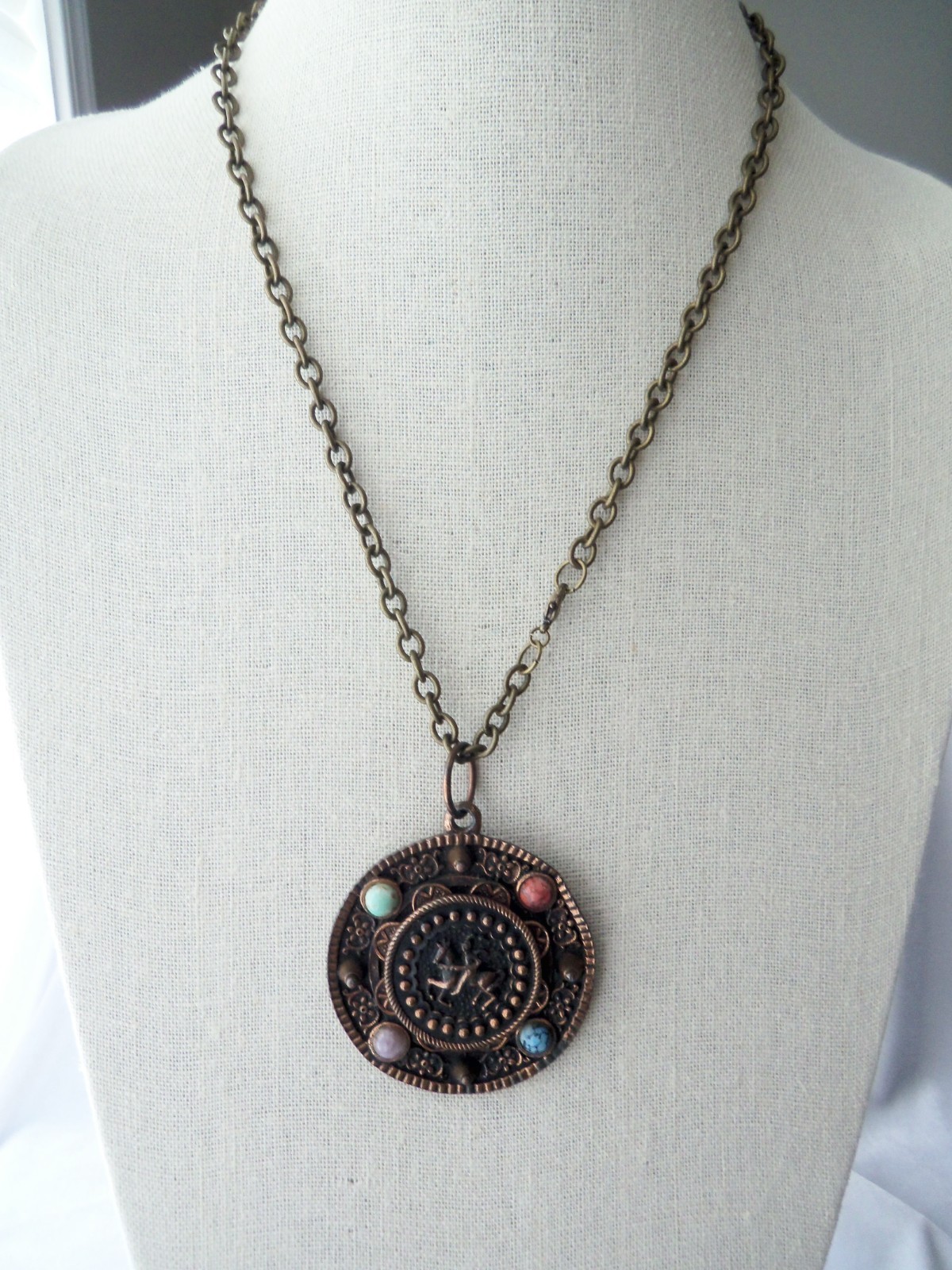 Vintage Copper Brass Faux Gemstone Knight Crest Shield Brooch Pendant Necklace