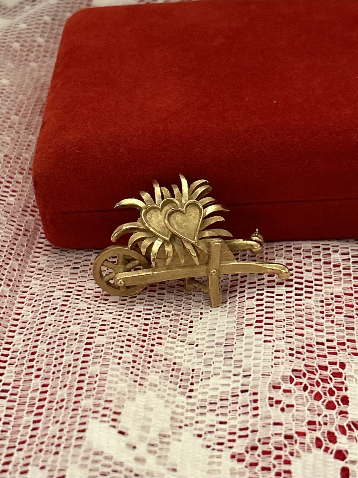 Vintage Trifari Gold Wheelbarrow Heart Mechanical Pin~Brooch