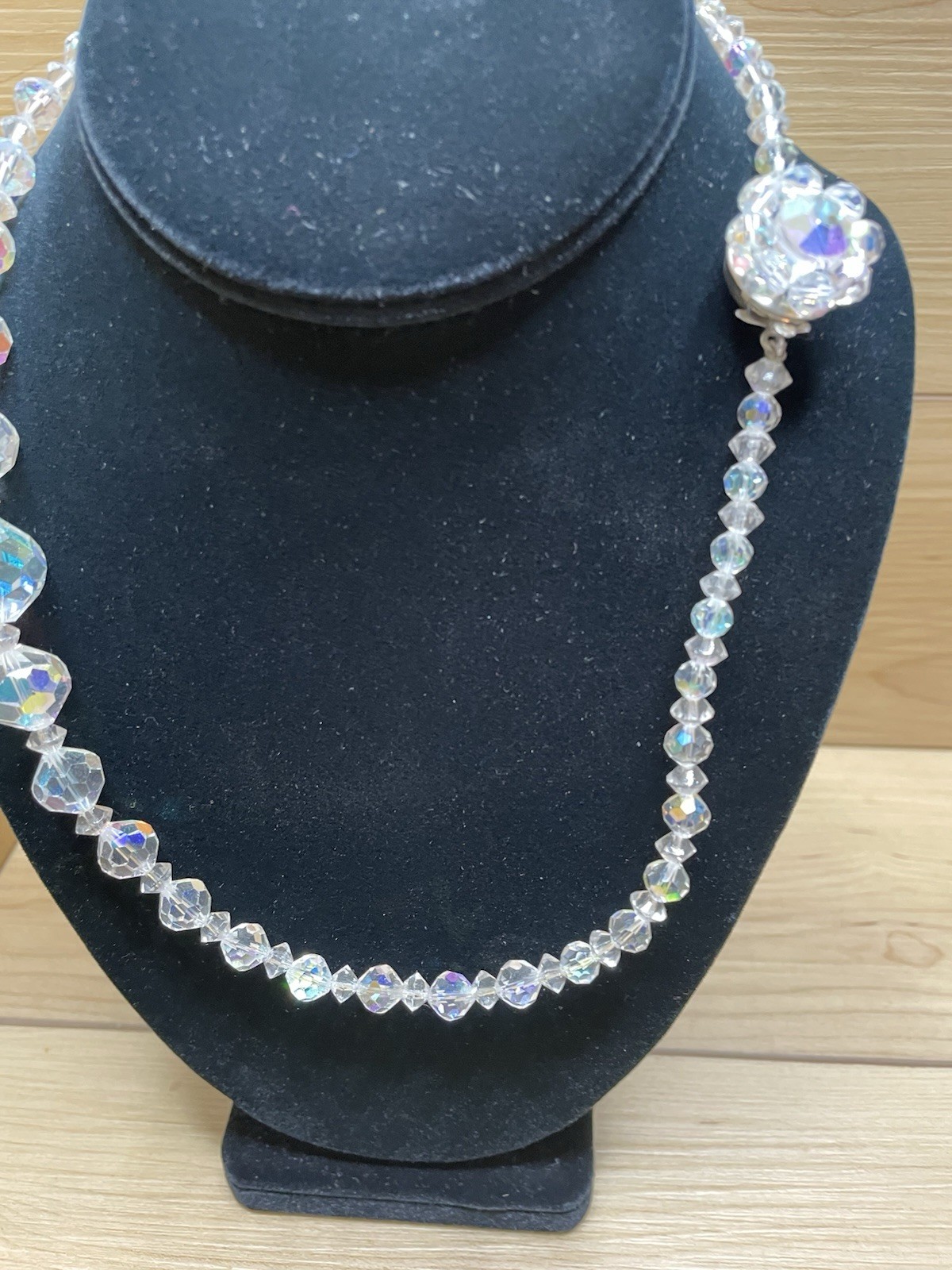 Vtg 1950s Aurora Borealis Crystal Bead Necklace AB Faceted Glass Floral Cluster