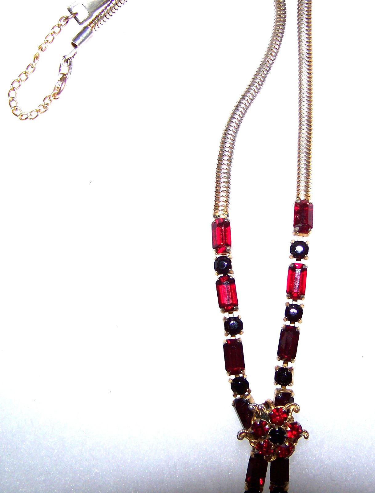 Vintage Red & Black Glass Rhinestone Pendant Necklace Prong Set Art Deco