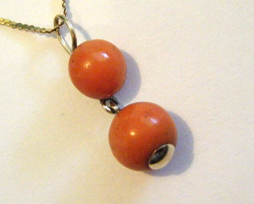 Antique Edwardian 10K Gold Salmon Coral 8 and 9mm Drops Pendant 2.7g