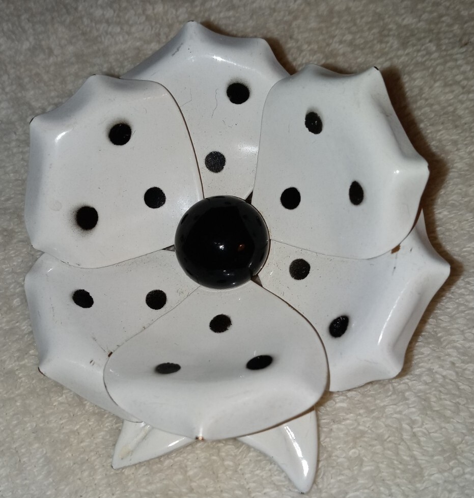 Enamel Brooch Vtg 60s Huge Pop Art White Black Polka Dots Flower Rockabilly Pin