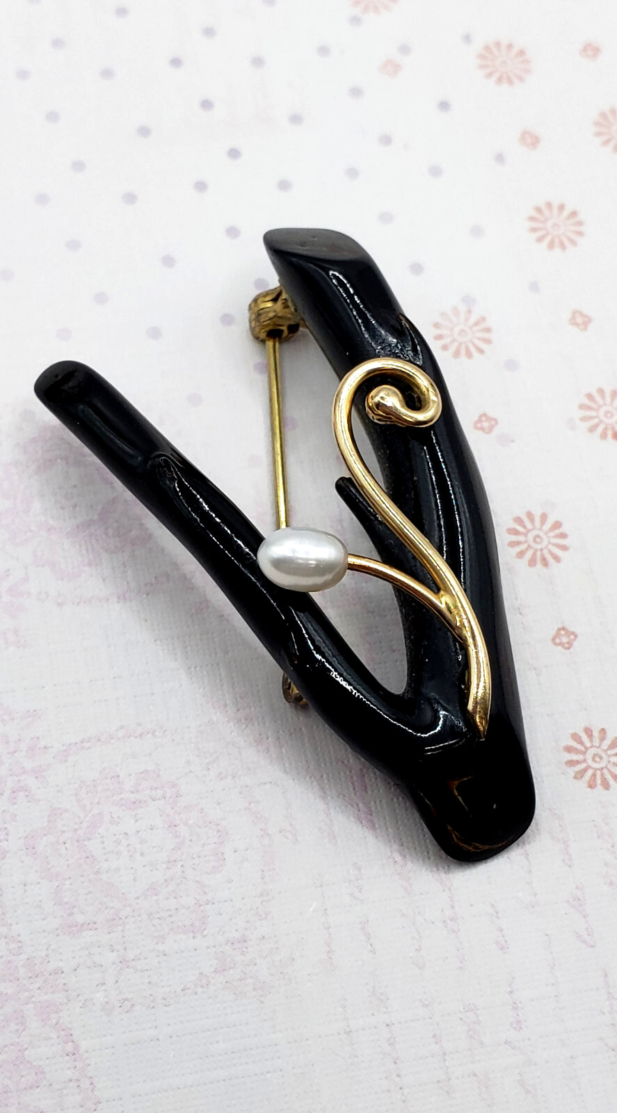 Vintage 14K Gold Pearl & Black Coral Branch Brooch & Earrings Set