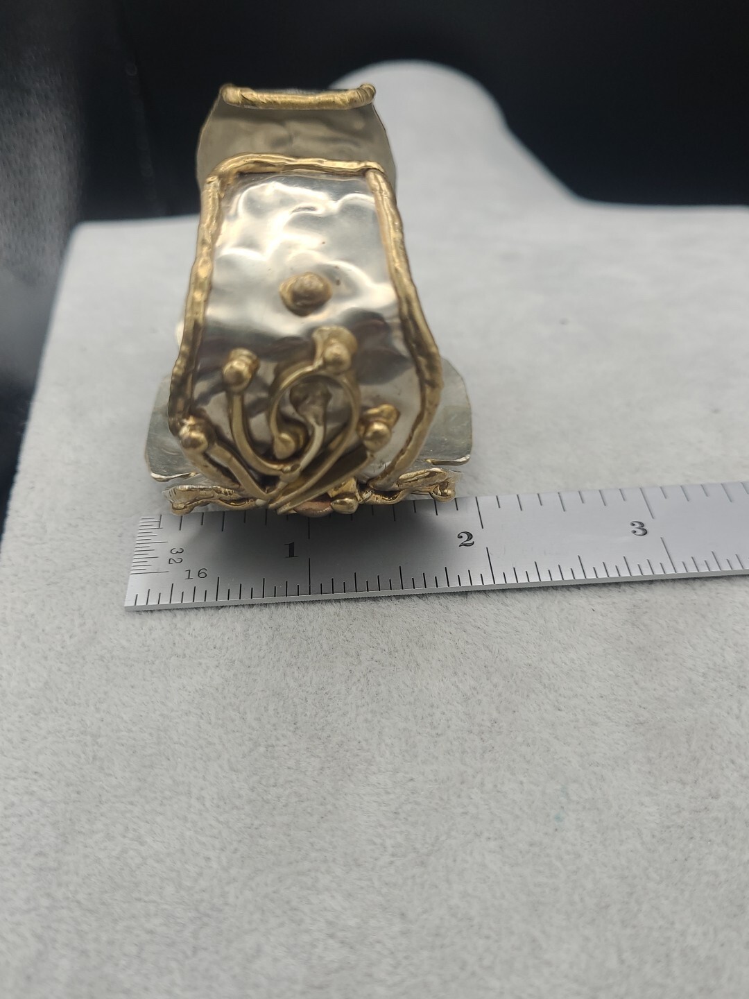 Vtg Mixed Metals Silver Tone Brass Copper Natural Stone Brutalist Cuff Bracelet