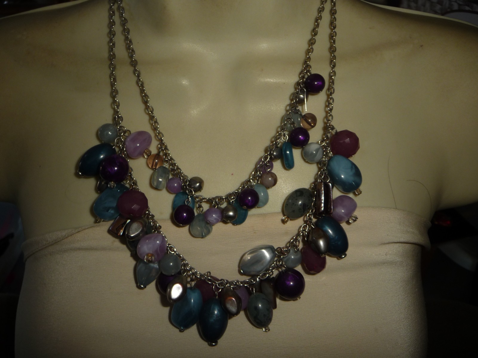 NY 2 ROWS PURPLE VIOLET BLUE GRAY DANGLE BEADS SILVERTONE CHAIN NECKLACE #16/28