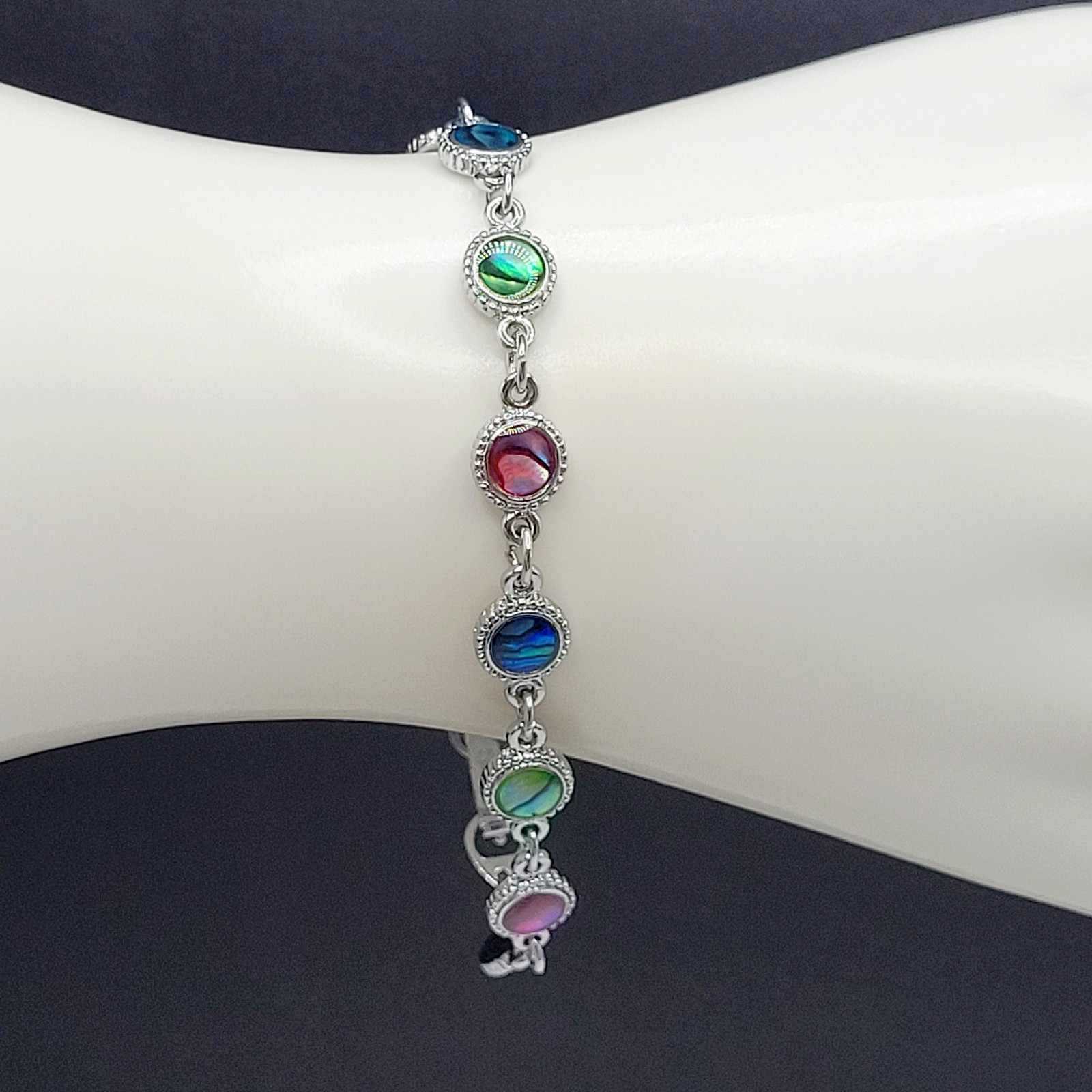 Signed SJ Colorful Paua Abalone Shell Silver Tone Link Vintage Bracelet 7.25 in