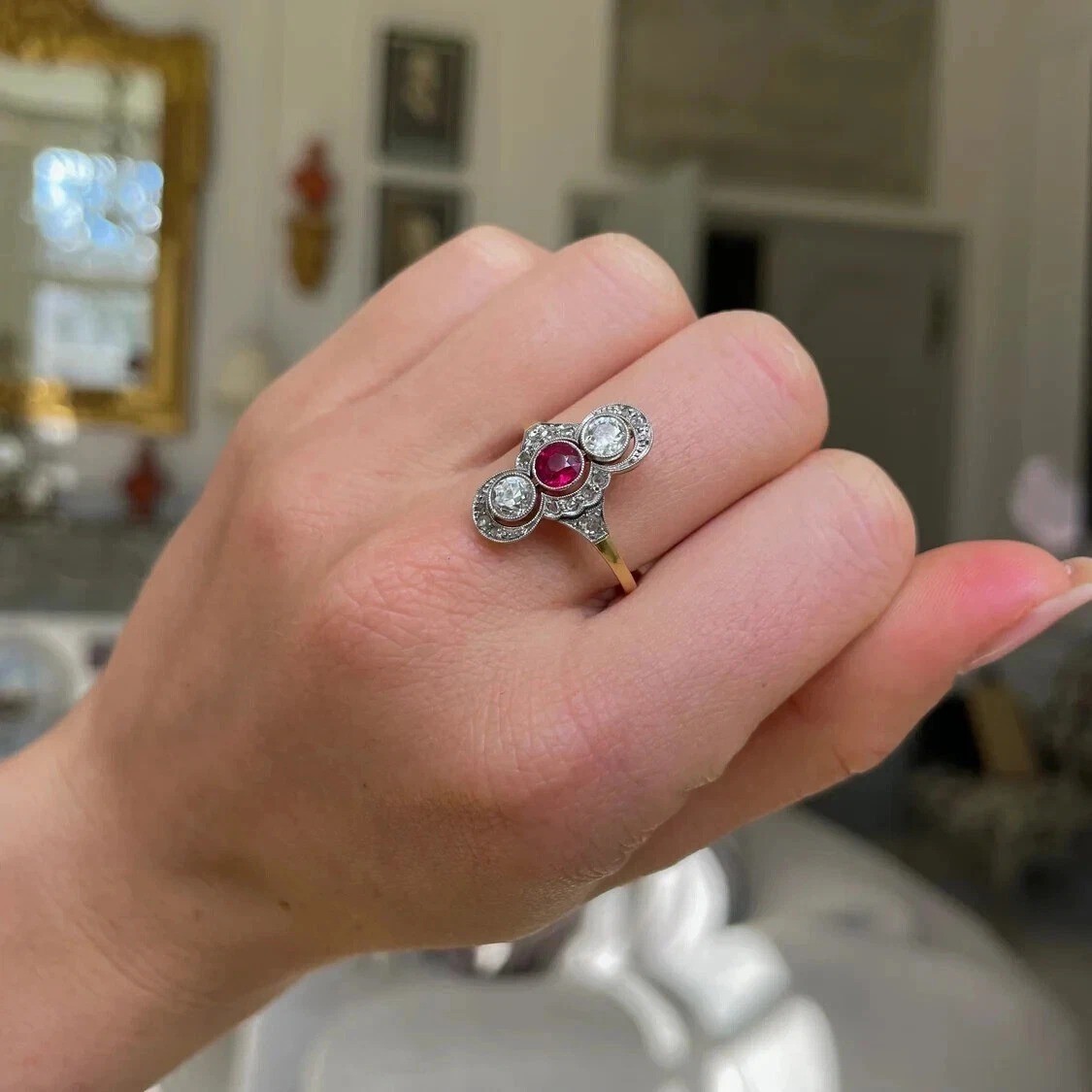 2.65Ct Art Deco Styled Lab Created Ruby Engagement Wedding 14K Gold Finish Ring