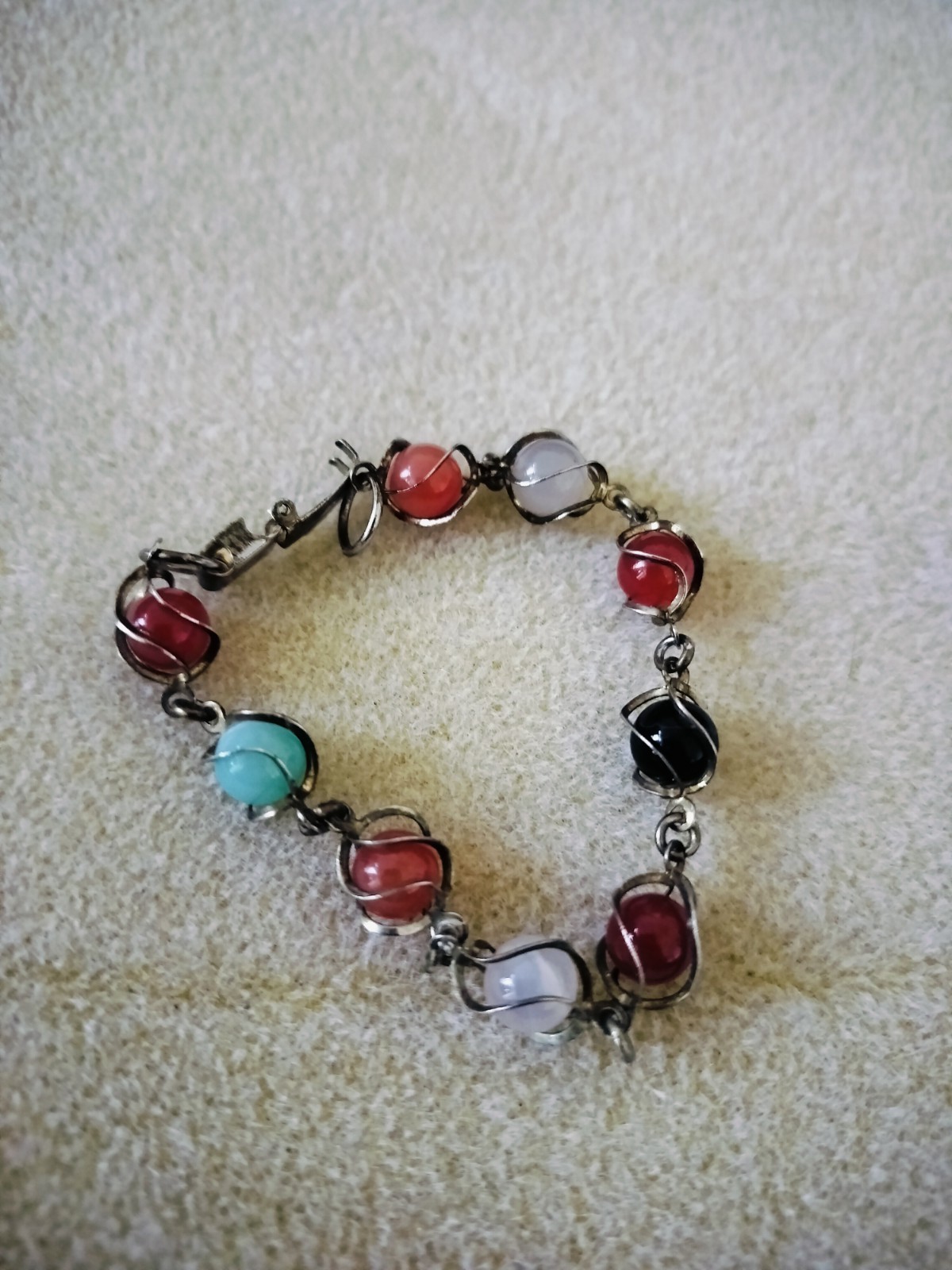Vintage MCM Multi-Gemstone Caged Sphere Link Bracelet Wire-Wrapped Scarab-Style