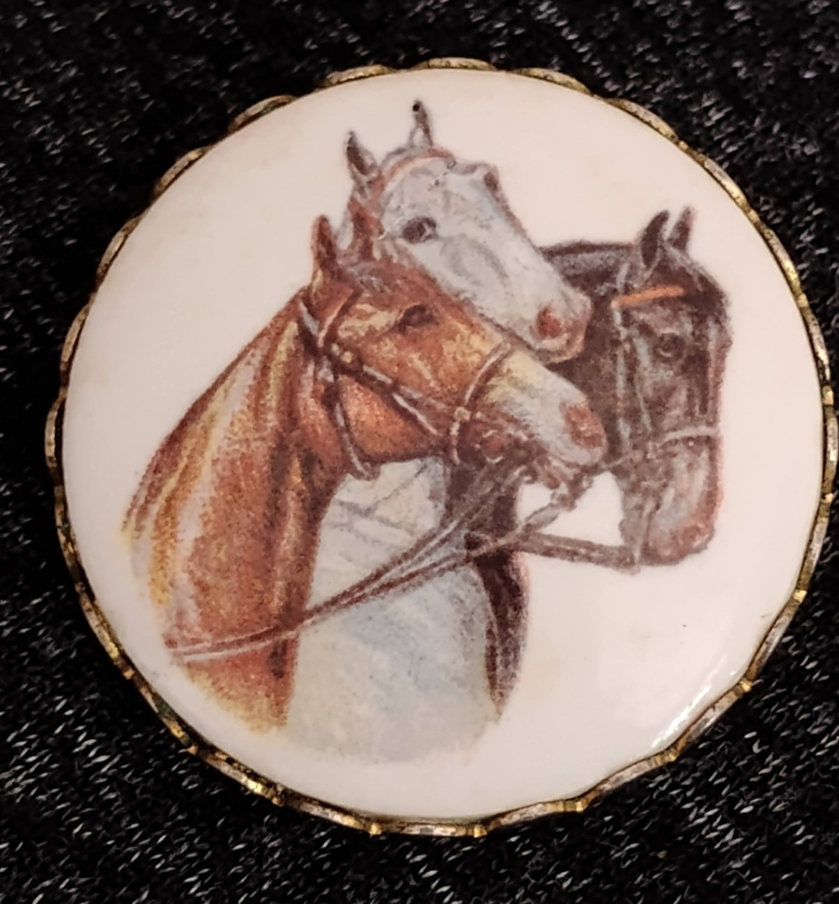 Vintage Horse Brooch Porcelain Cameo Style Equestrian Pin Gold Tone 3 Horses